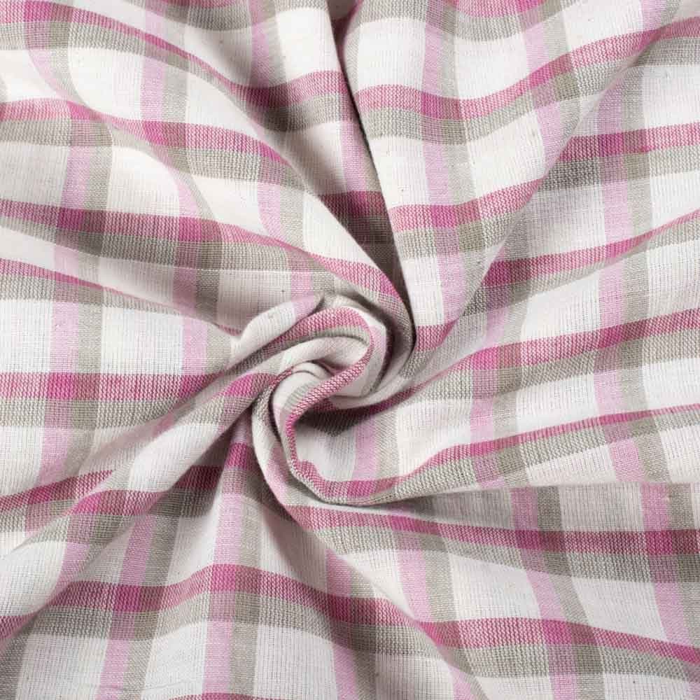 Check Pink & Grey White Pure Cotton 100 GSM Handwoven Fabric 948