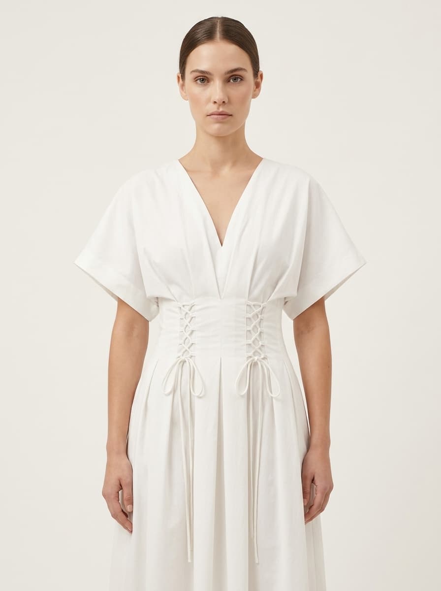 Corset Tied Gathered Dropped Should Dress With Deep V Neck