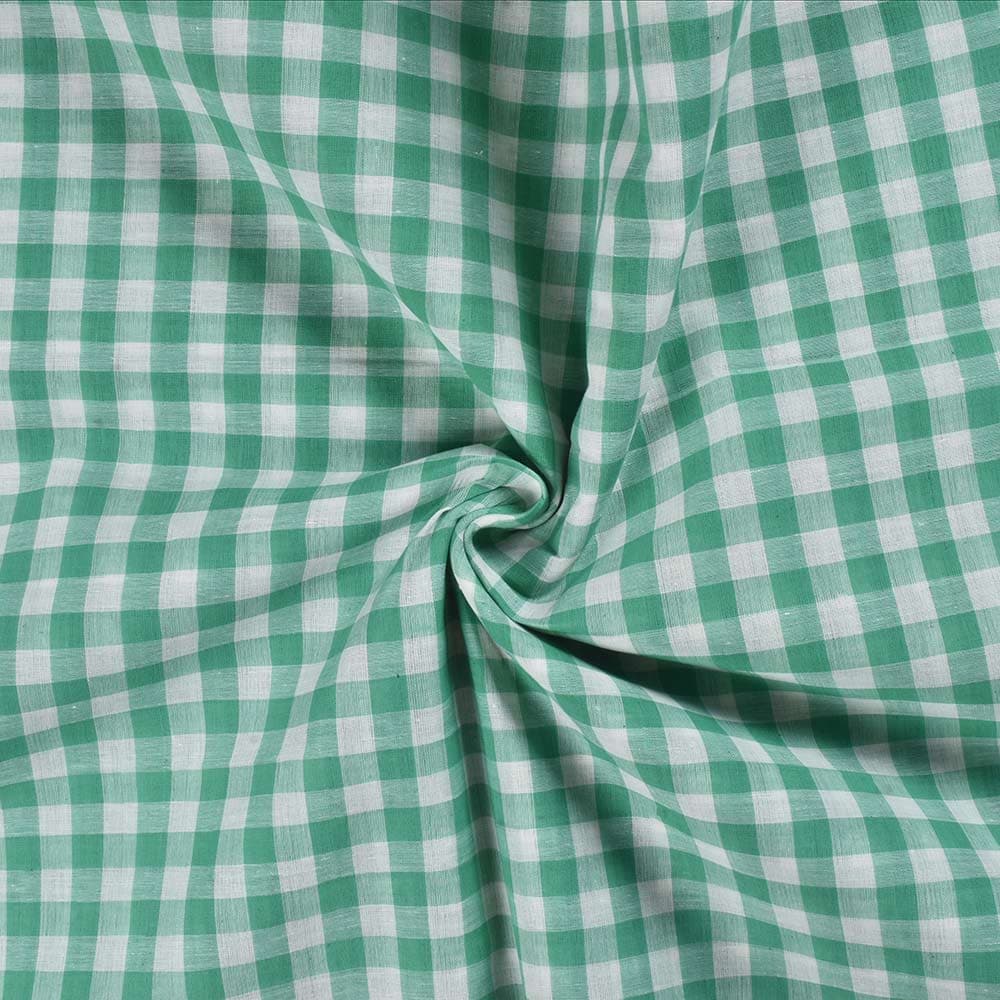 Check Green & White Pure Cotton 67 GSM Handwoven Fabric