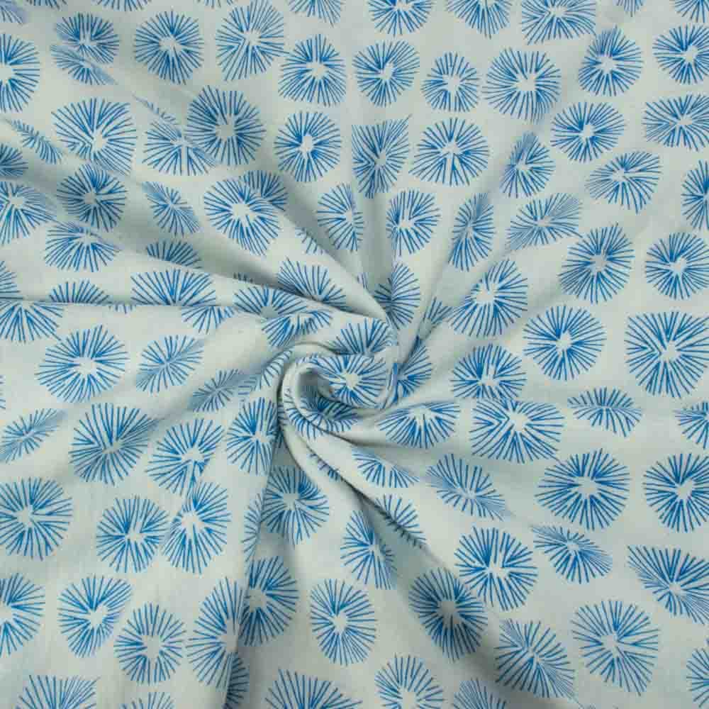 Abstarct Blue Screenprinted Pure Khadi 90 GSM Handwoven Fabric