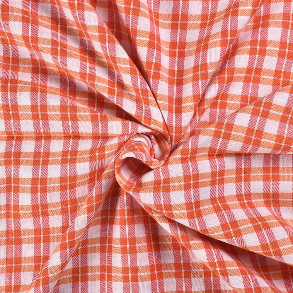 Check Red Orange Twill Pure Cotton 102 GSM Handwoven Fabric