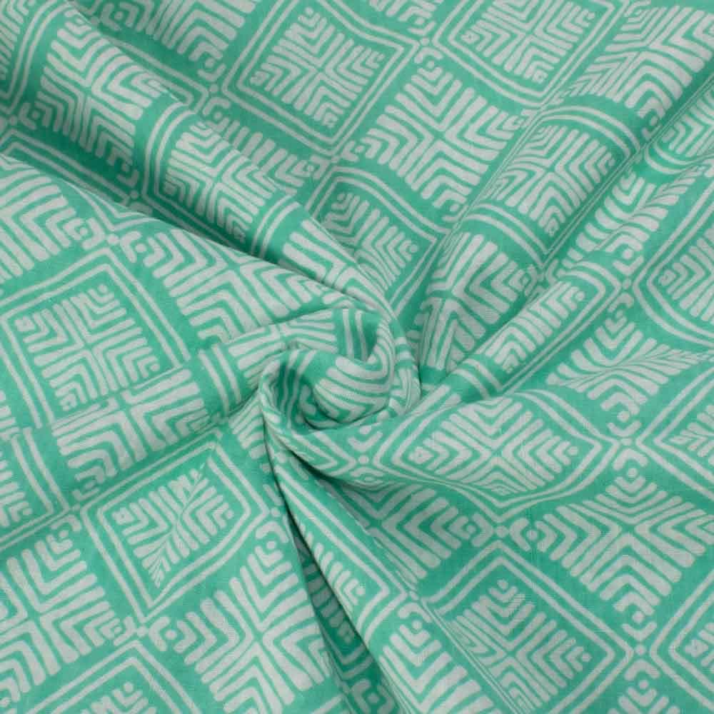 Abstract Green White Screenprinted Pure Khadi 90 GSM Handwoven Fabric