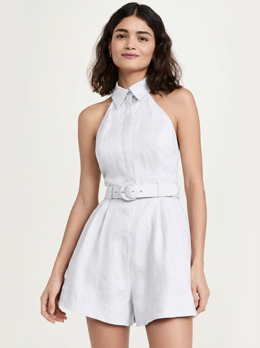 Halter Neck Collared Shirt Romper With Buttons