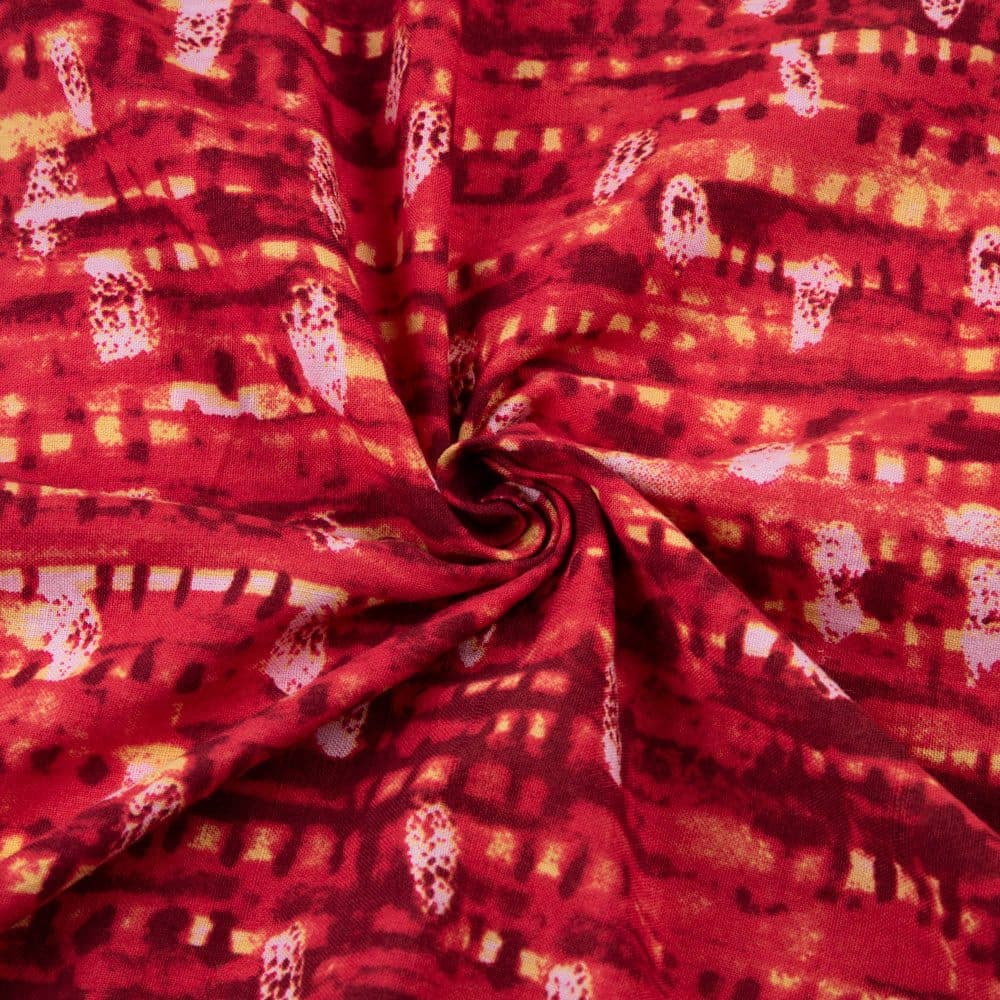 Abstract Red Screenprinted Cotton Khadi 120 GSM Handwoven Fabric