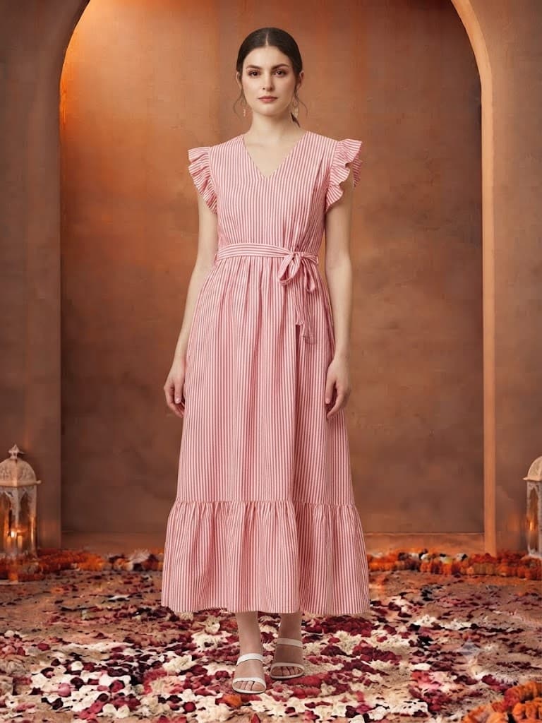 Waist Tied Ruffled & Gathered Dress