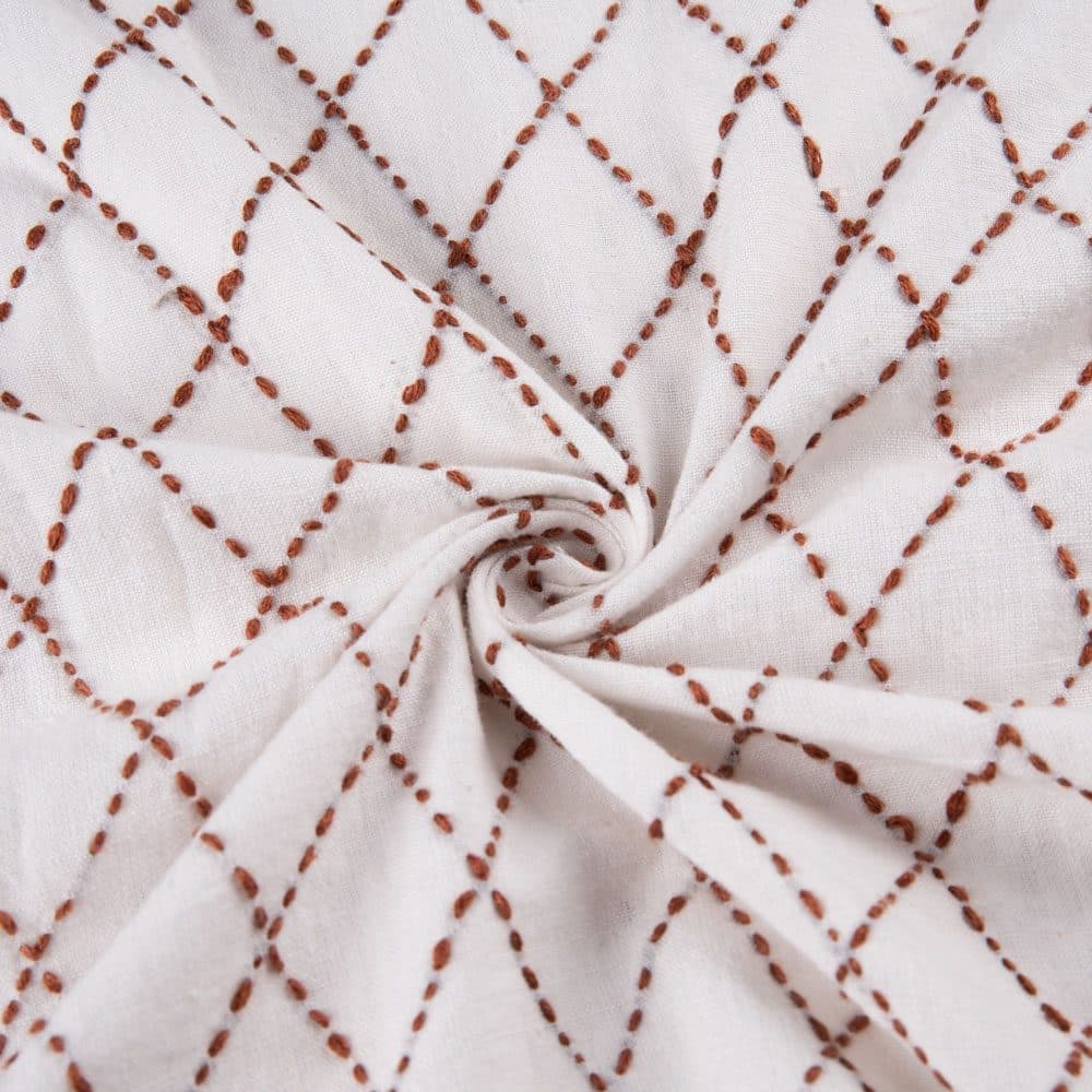Diamond White & Brown Kantha Embroidered Pure Khadi Handspun & Handwoven 123 GSM Fabric
