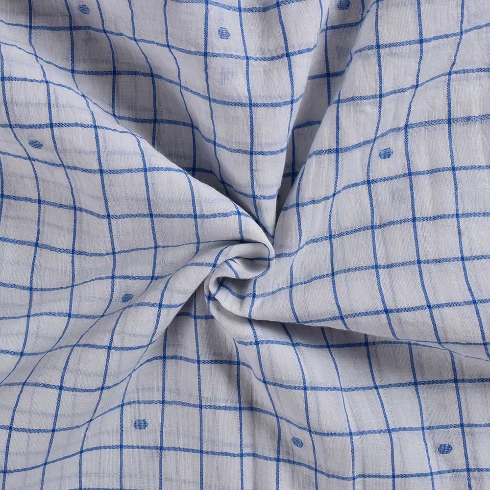 Geometric Check White & Blue Jamdani Pure Cotton 60 GSM Handwoven Fabric