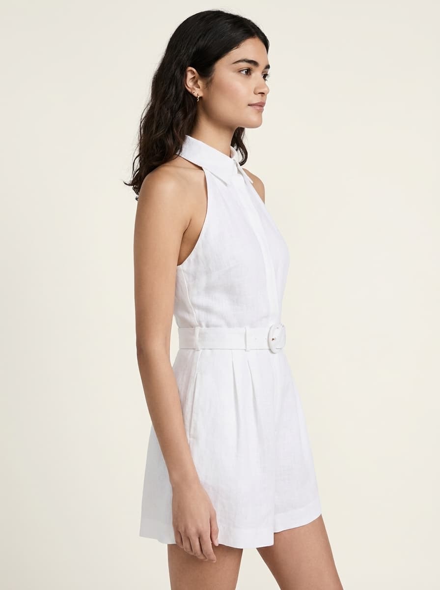 Halter Neck Collared Shirt Romper With Buttons