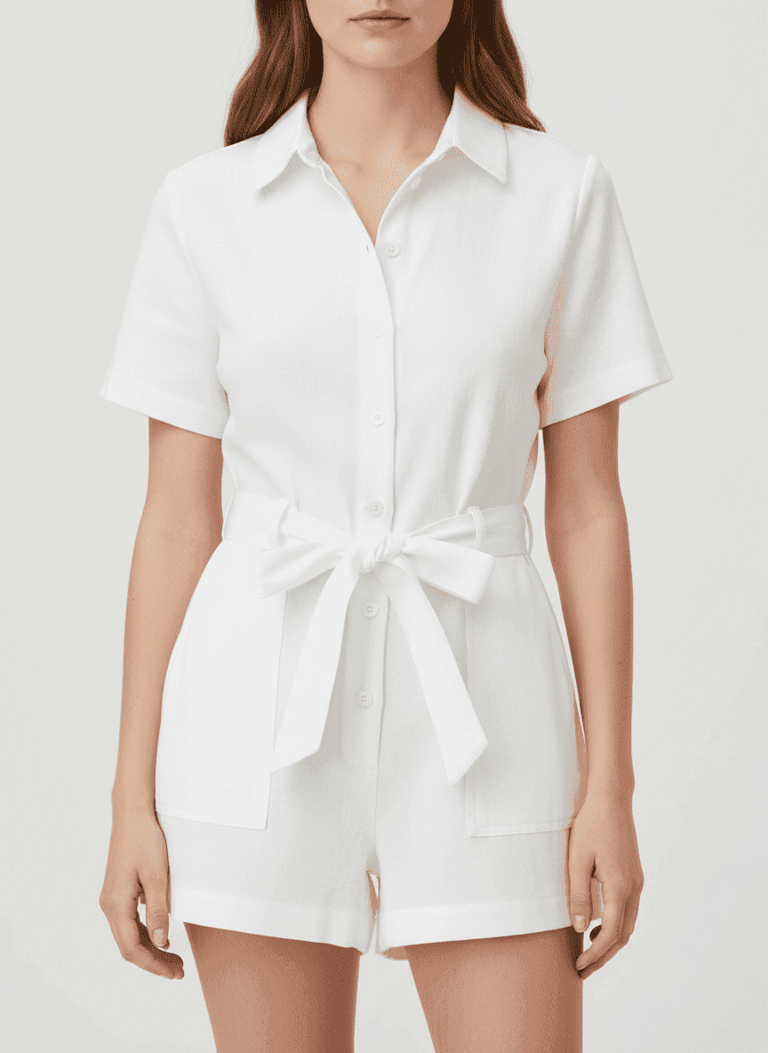 Buttoned Romper With Waist Tie