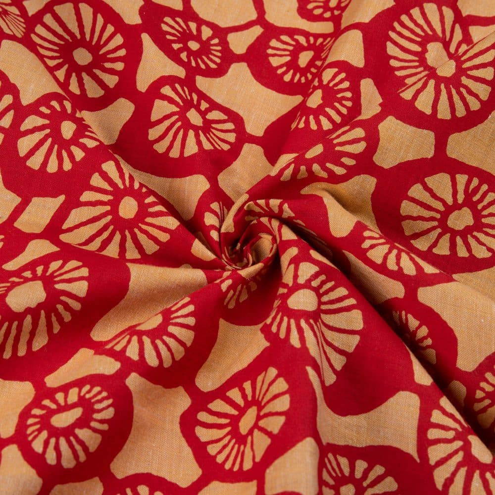 Abstract Red & Peach Screenprinted Cotton Khadi 90 GSM Handwoven Fabric