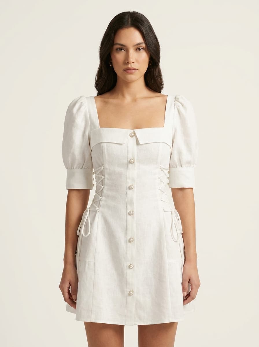 Pleats, Buttoned & Ties Short Dress