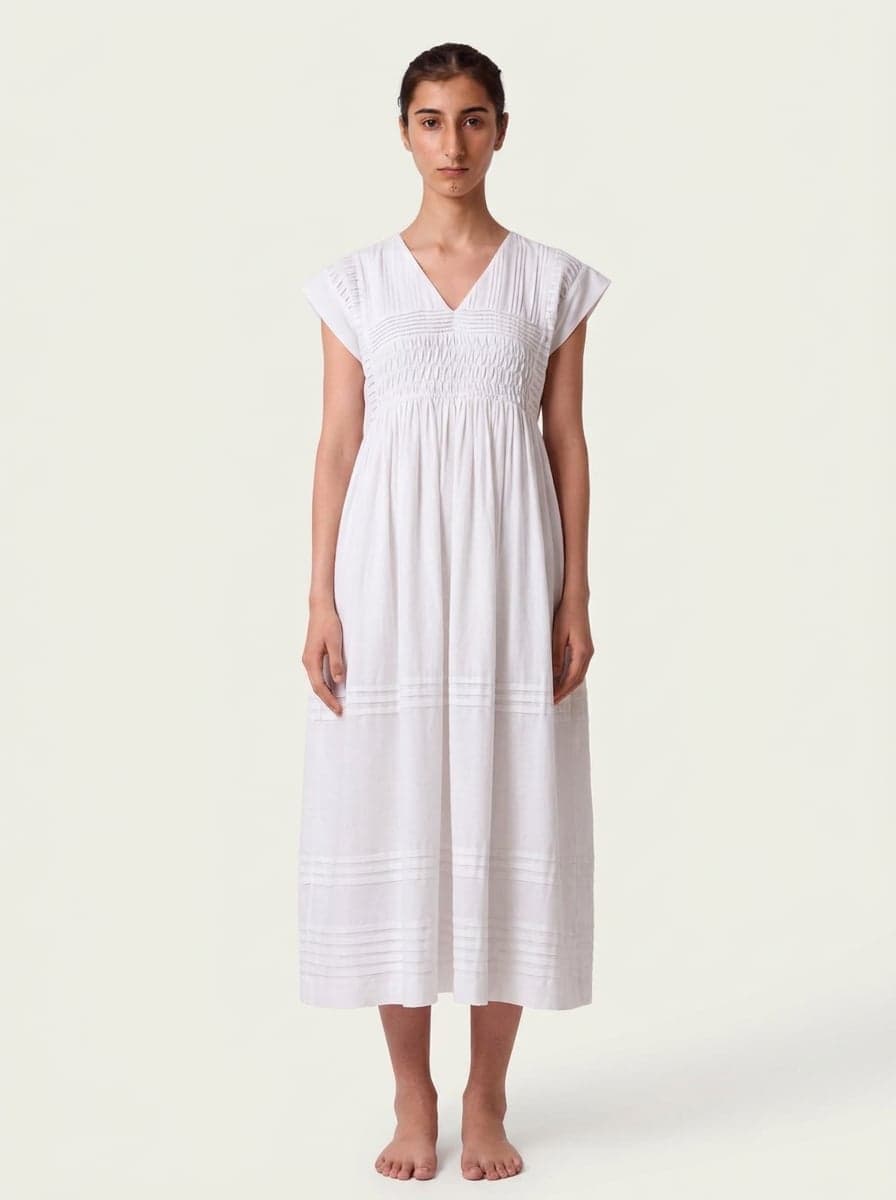 V-Neck Empire Waist Midi Dress With Pintucks