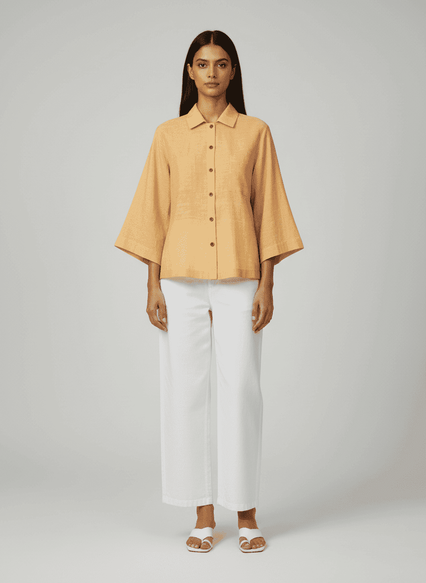 Spread Collared Shirt With Center Placket- Bell Sleeves