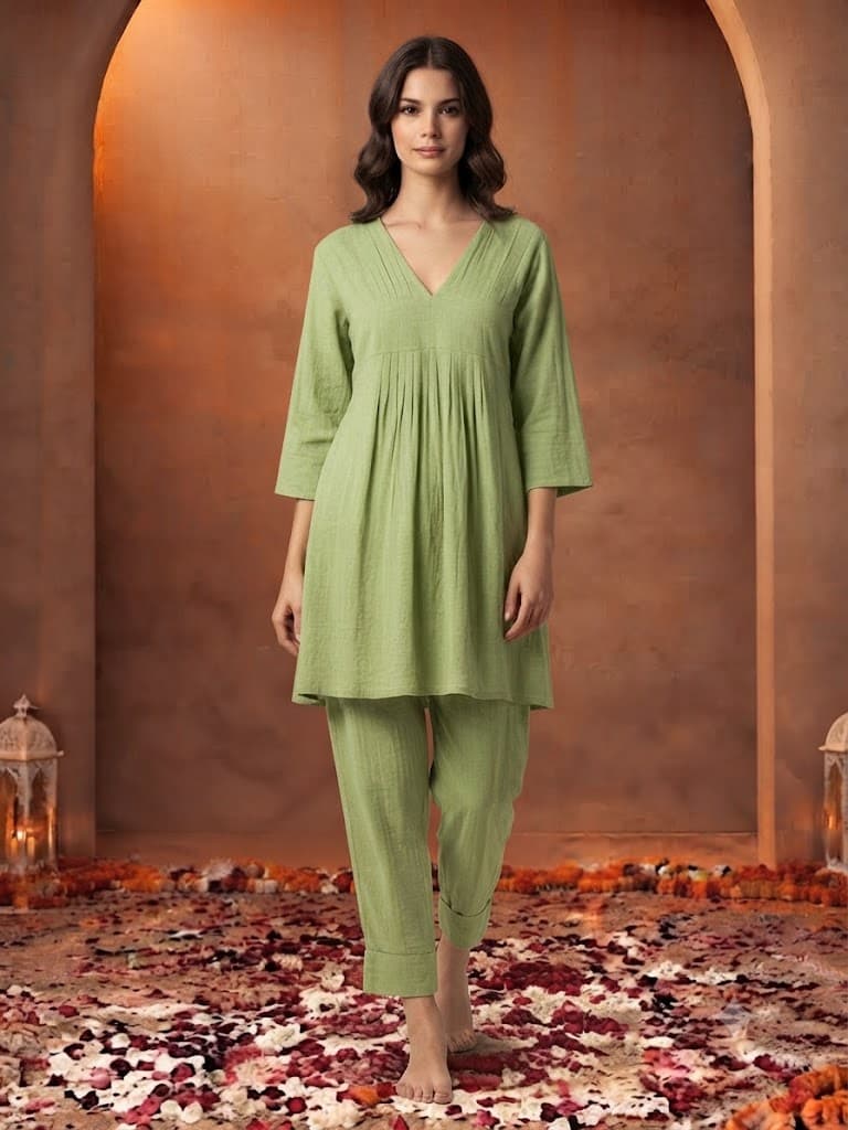 V Neck Pleated Co-ord Set