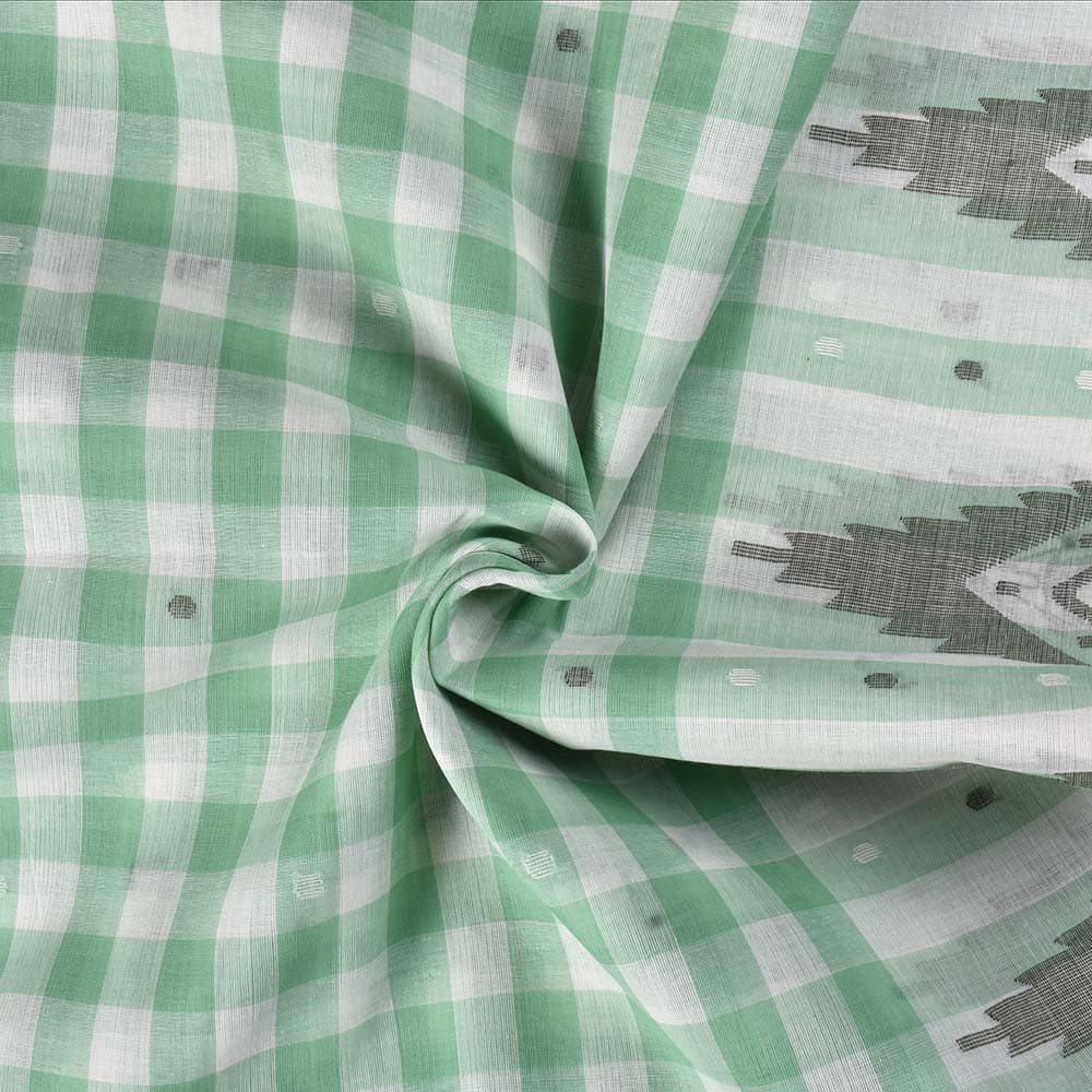 Check Green White Jamdani Pure Cotton 60 GSM Handwoven Fabric