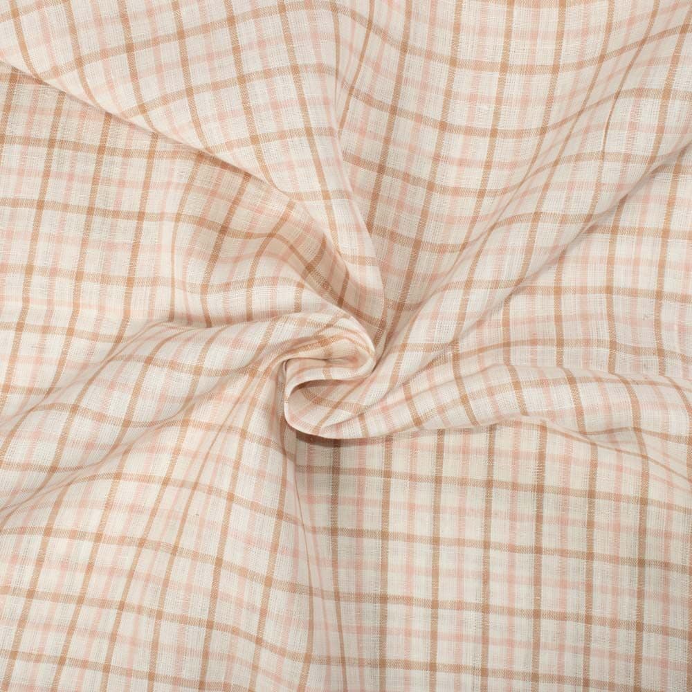 Check Multicolor Cream Pink Brown Linen 140 GSM Handwoven Fabric