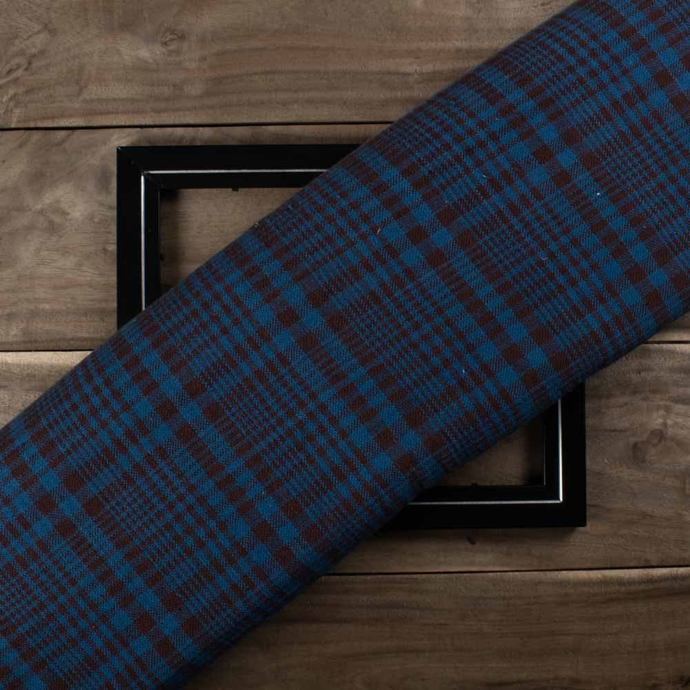 Check Chocolate & Indigo Blue 217 GSM Khadi Handwoven Fabric