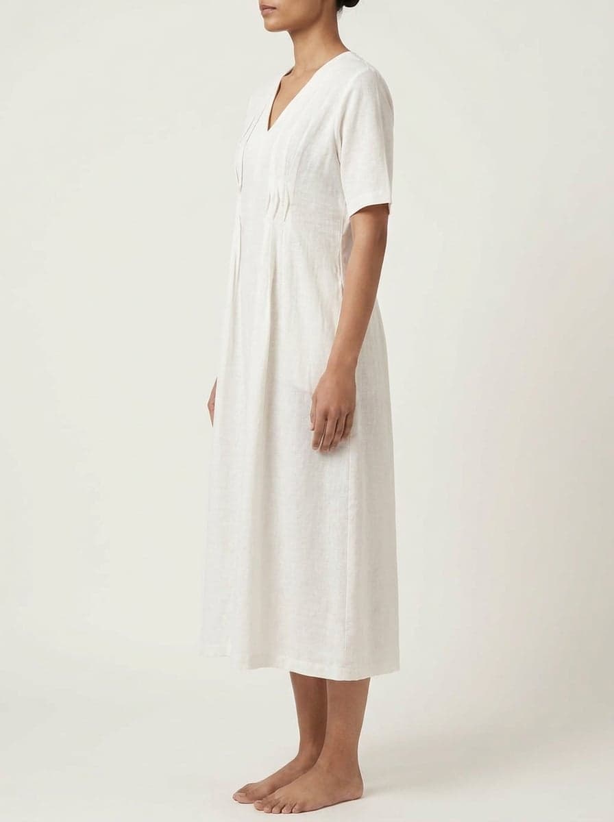 V-Neck Pintuck Midi Dress With Center Seam