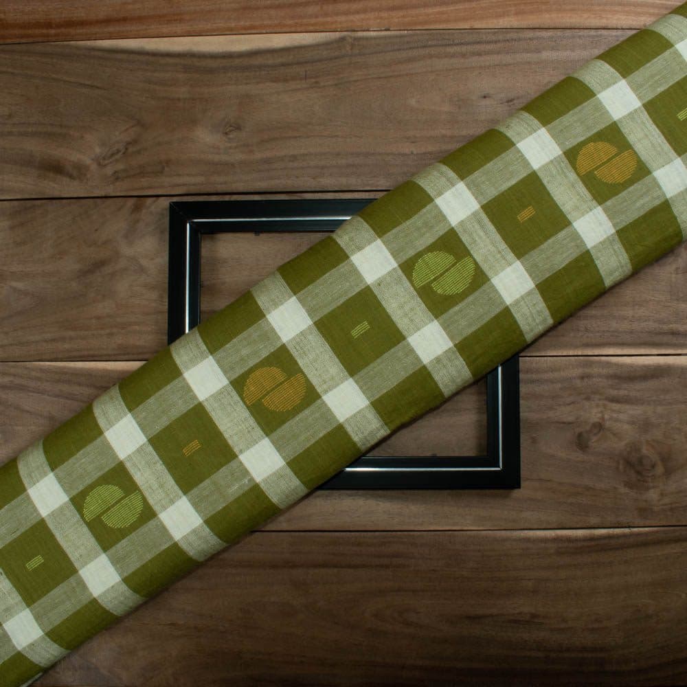 Check Olive and Cream Jamdani Pure Khadi 120 GSM Handwoven Fabric 70