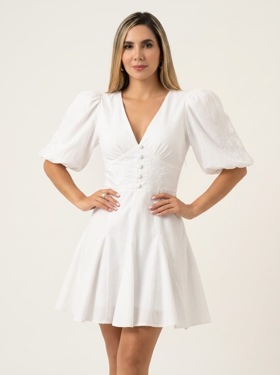 Flared Godets Dress With Deep V Neck & Puffed Sleeves