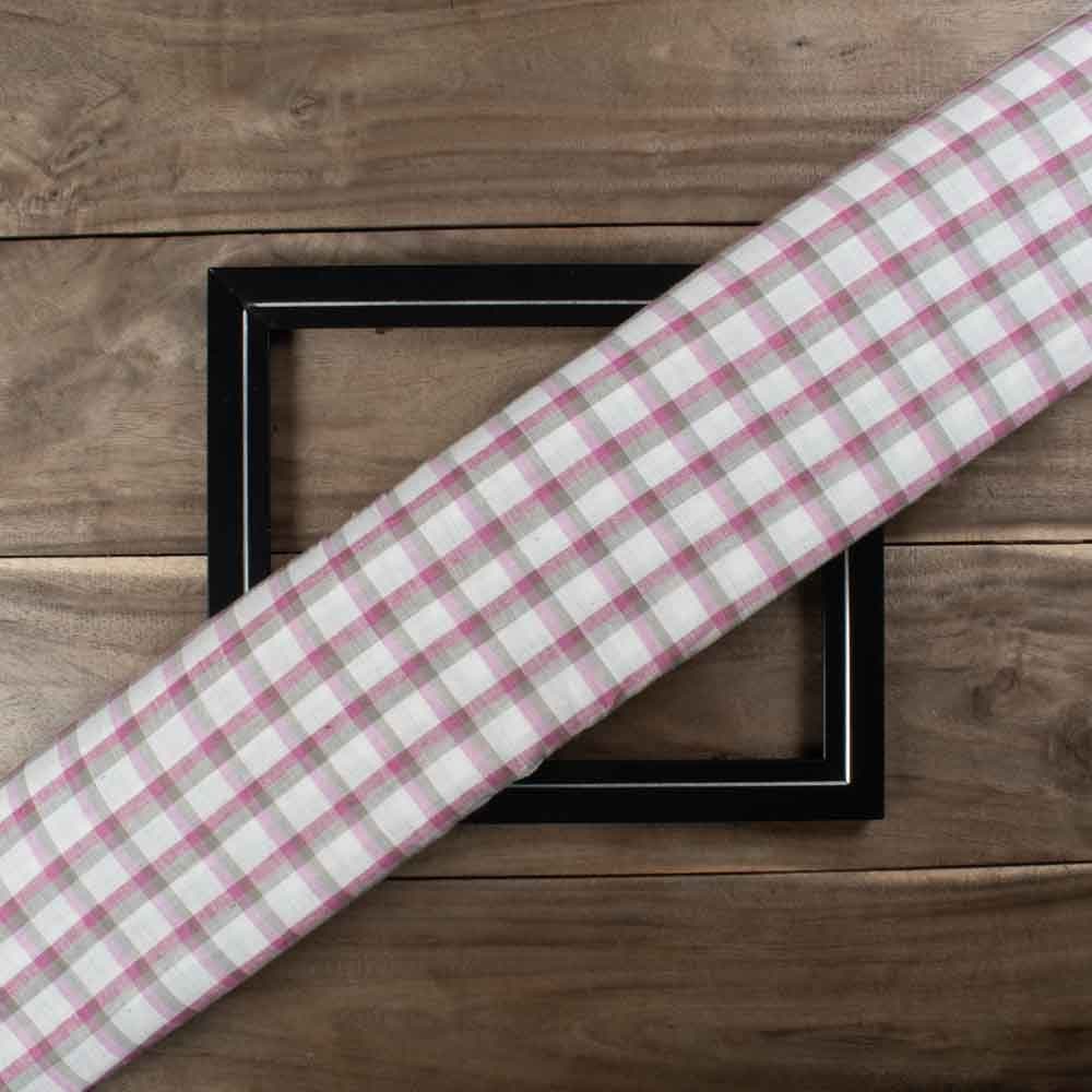 Check Pink & Grey White Pure Cotton 100 GSM Handwoven Fabric 948