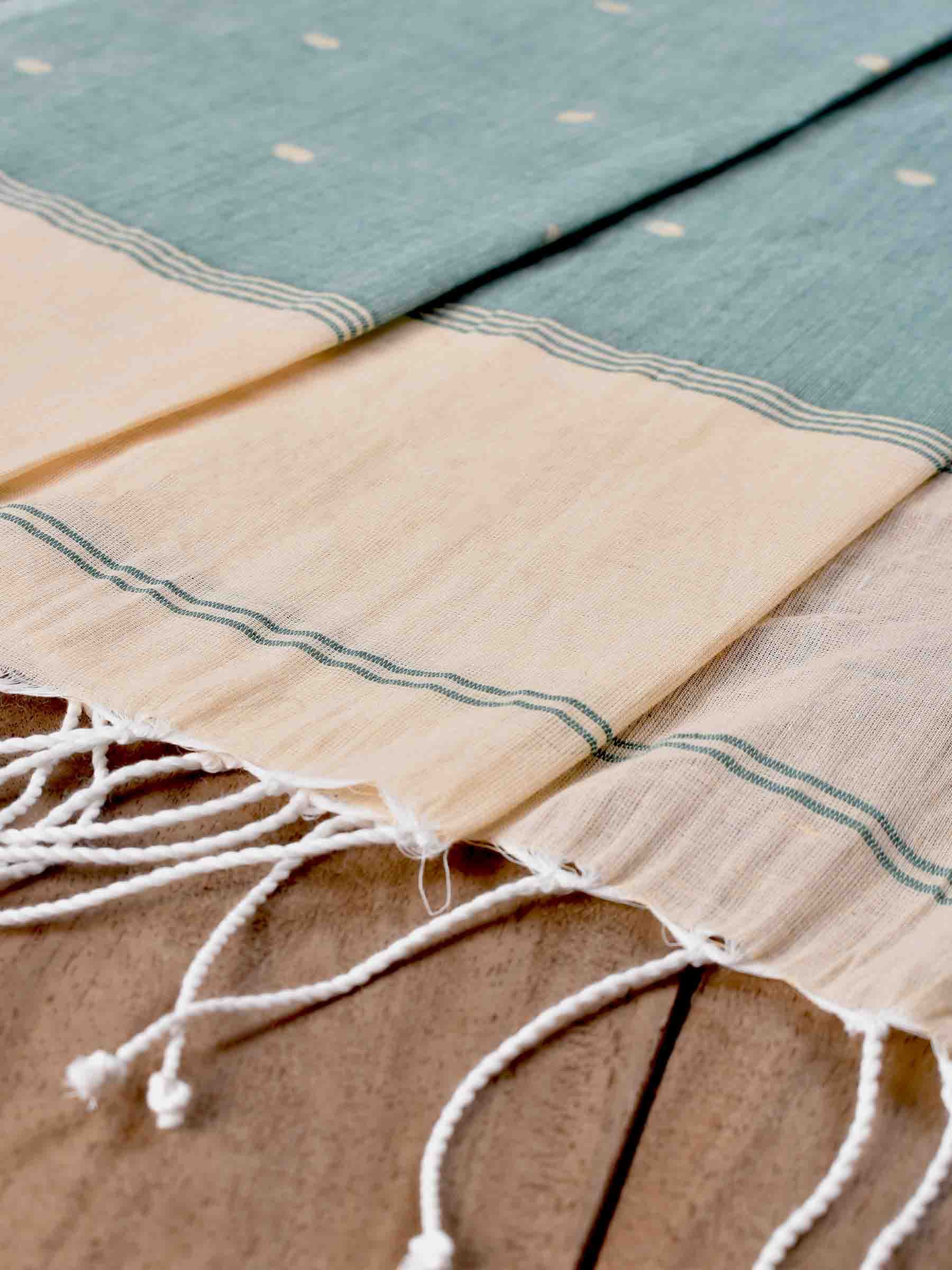 Polka Dot Beige & Olive Green Jamdani Handwoven Cotton Scarf