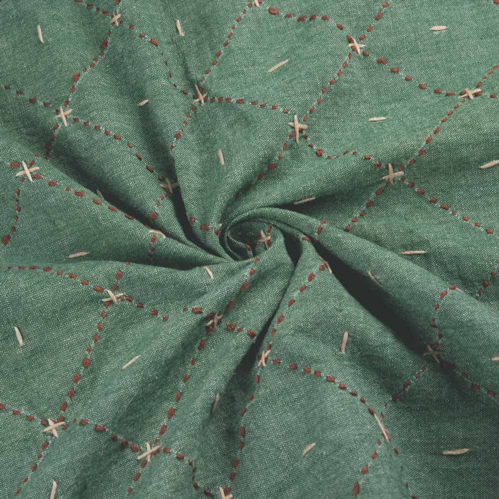 Check Green Kantha Embroidered Pure Cotton 153 GSM Handwoven Fabric