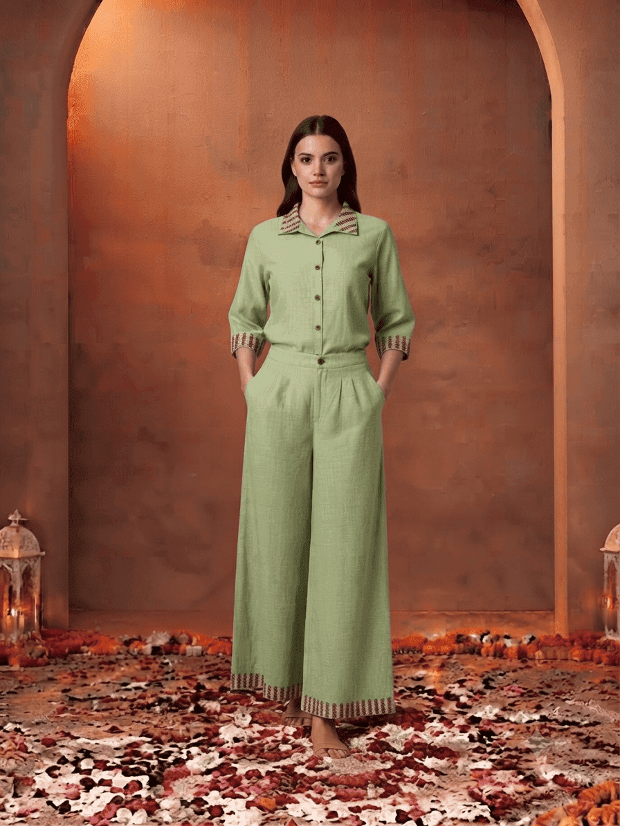Embroidery Shirt & Full Length Pants Co-ord Set