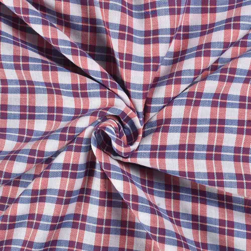 Check Red Blue Twill Pure Cotton 102 GSM Handwoven Fabric