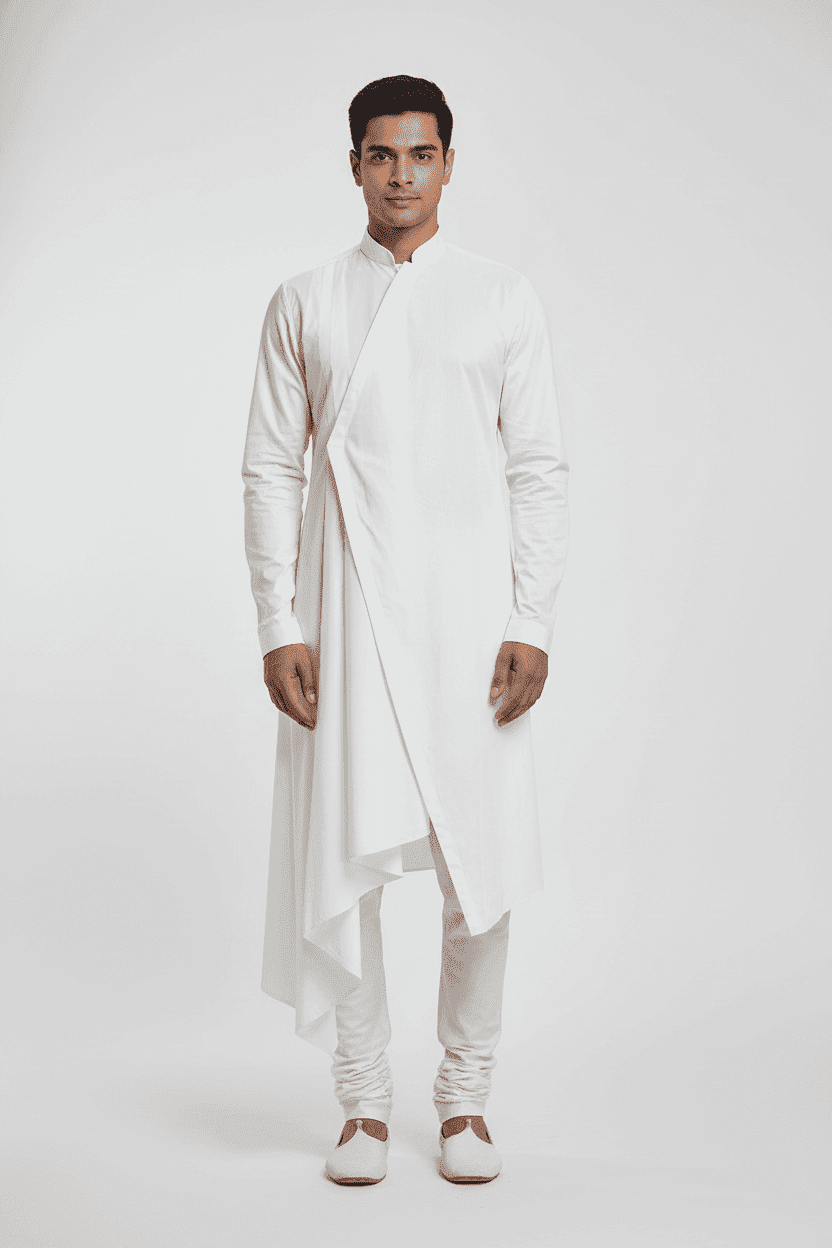 Asymmetric Front Drape Men's Kurta | Solid White