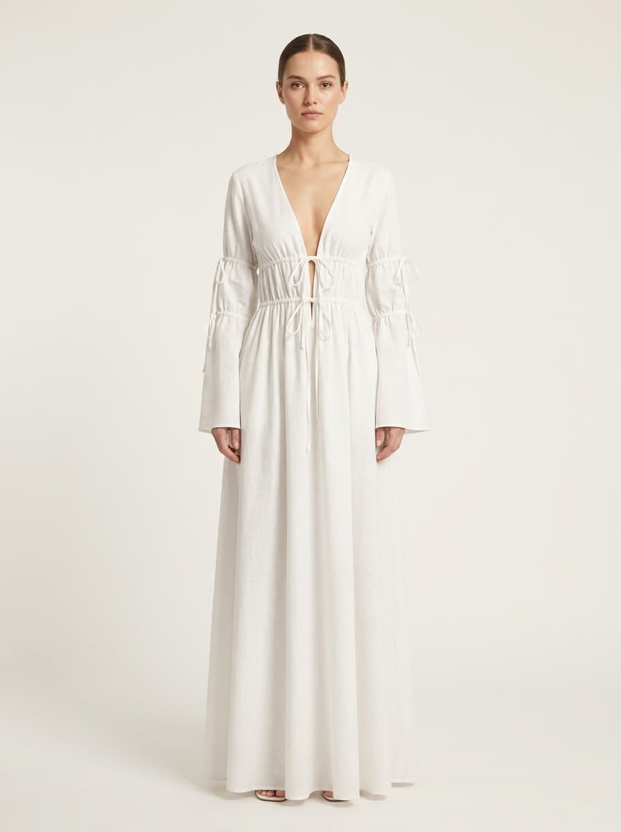 Deep V Gathered Maxi Dress With Full Sleeves