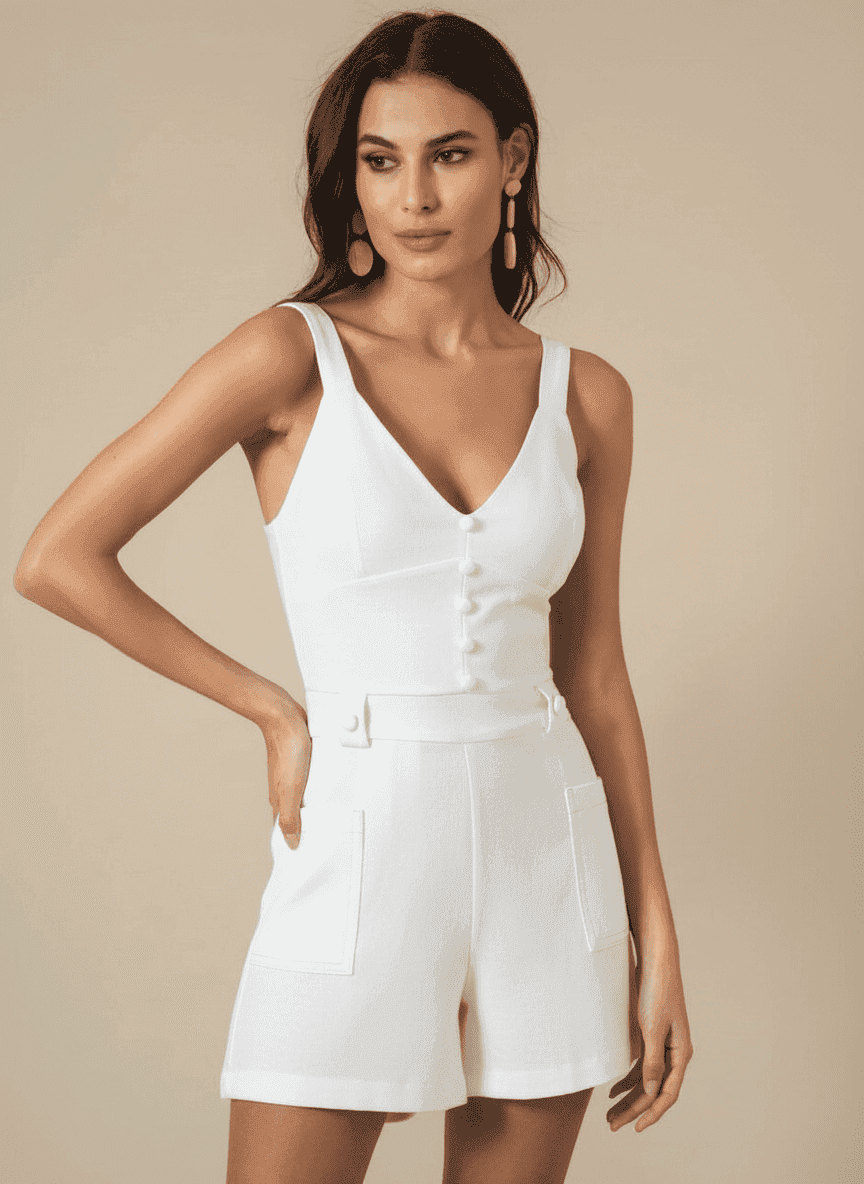 Deep V Neck Buttoned Elegant Romper