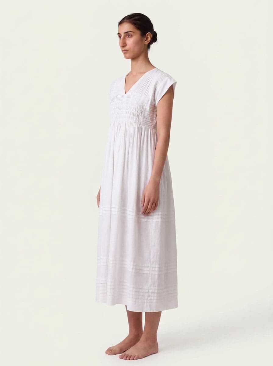 V-Neck Empire Waist Midi Dress With Pintucks