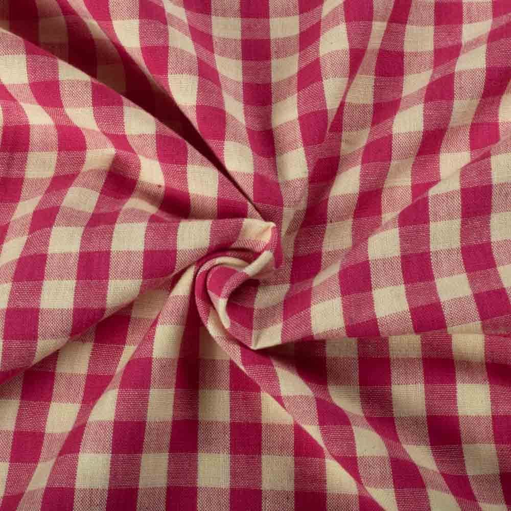 Check Light Yellow & Rani Pink 94 GSM Pure Cotton Handwoven Fabric
