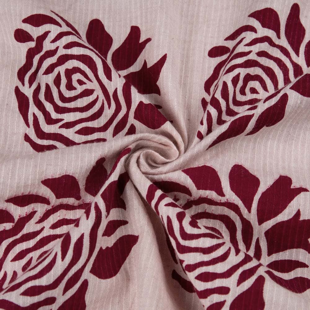 Rose Red Screenprinted Cotton Khadi 104 GSM Handwoven Fabric