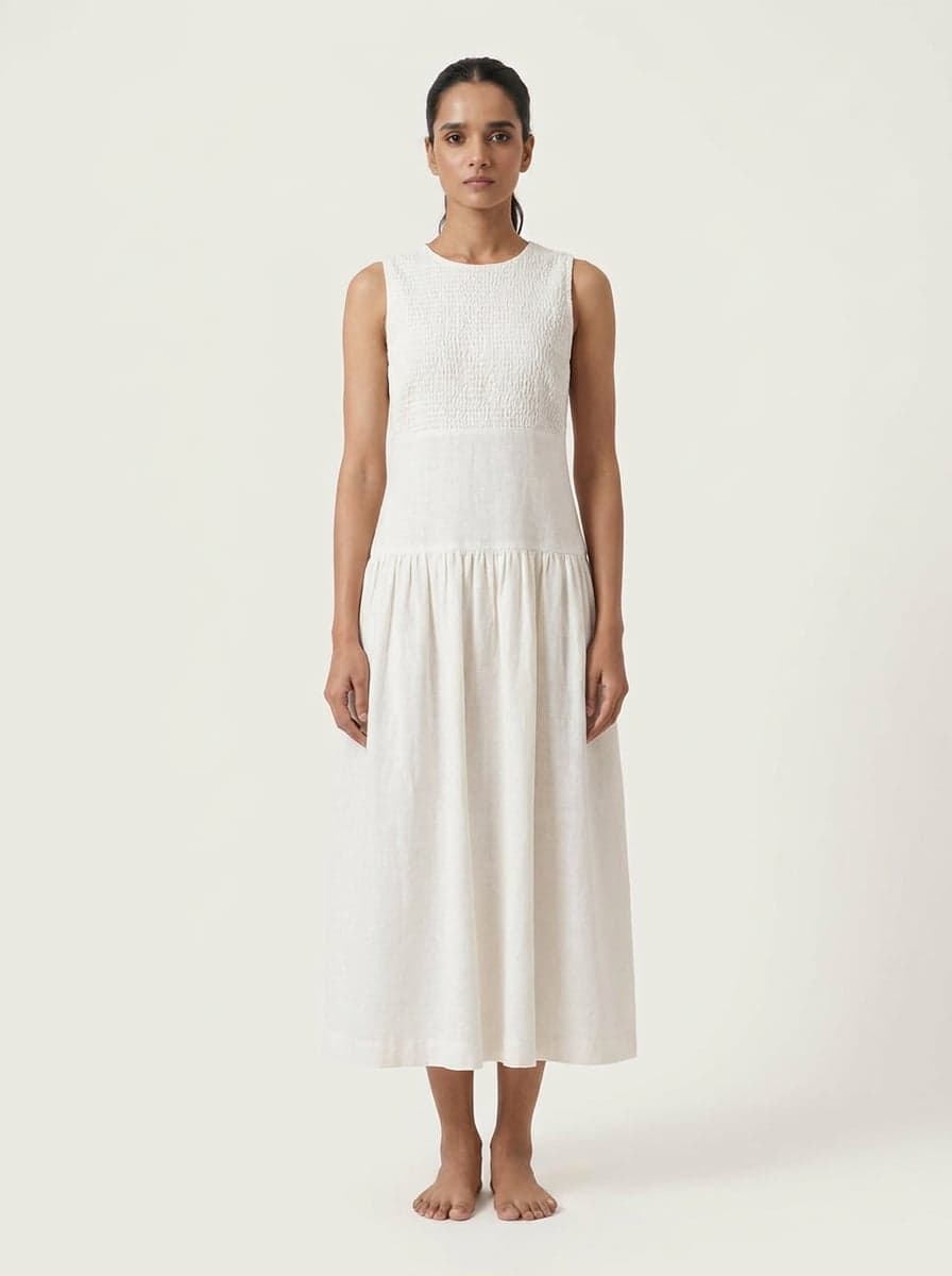 Smocked Chest Dropped Waist Midi Dress