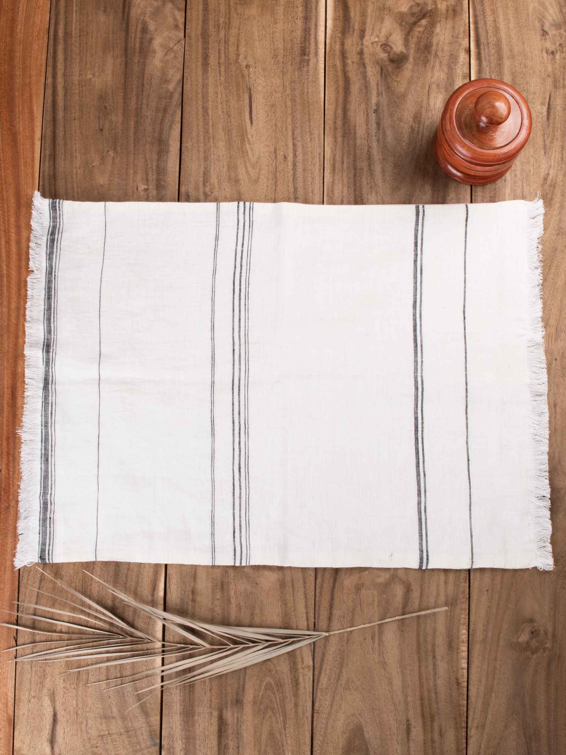 White & Black Striped Handwoven Pure Linen Placemat