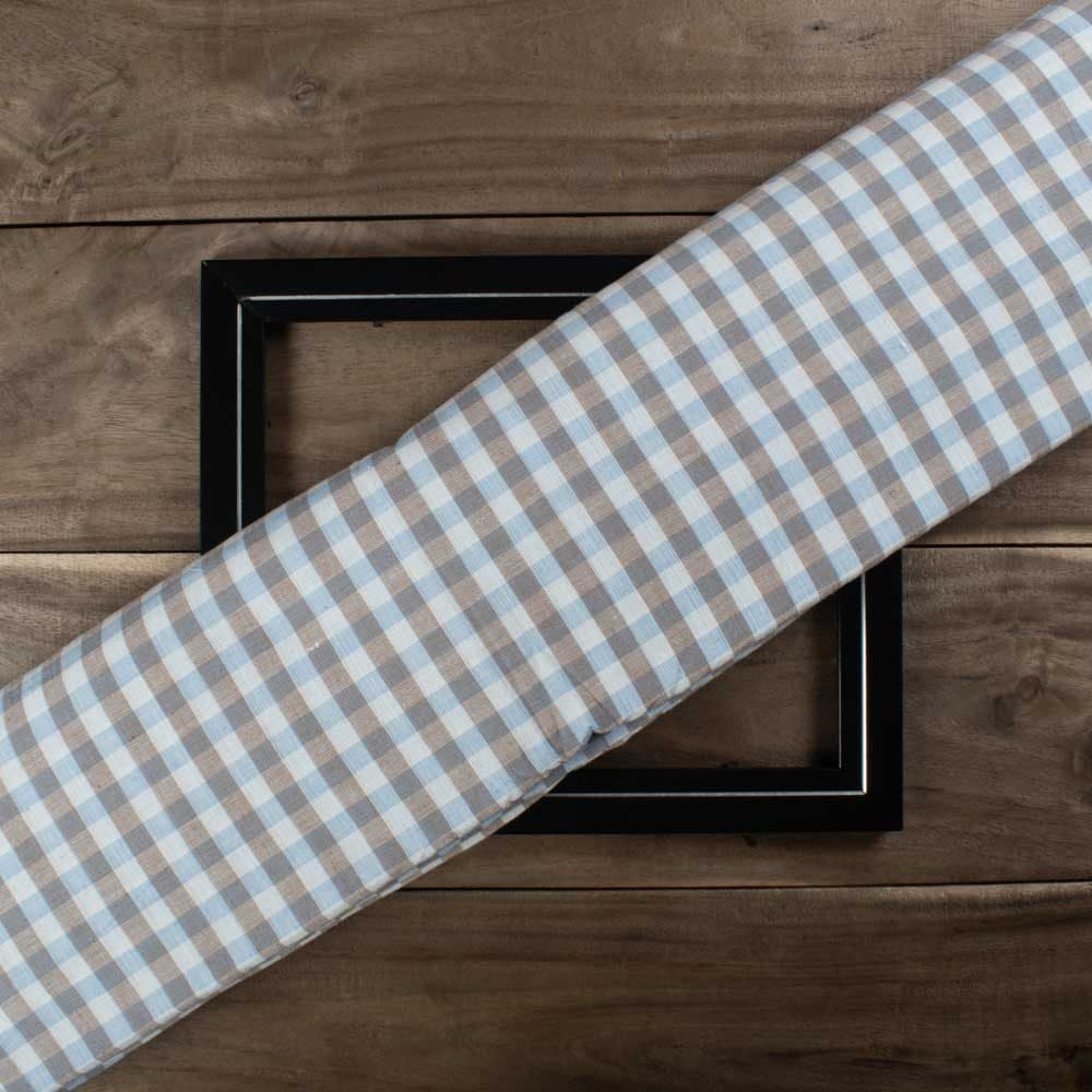 Check Beige Sky & White Khadi 130 GSM Handwoven Fabric
