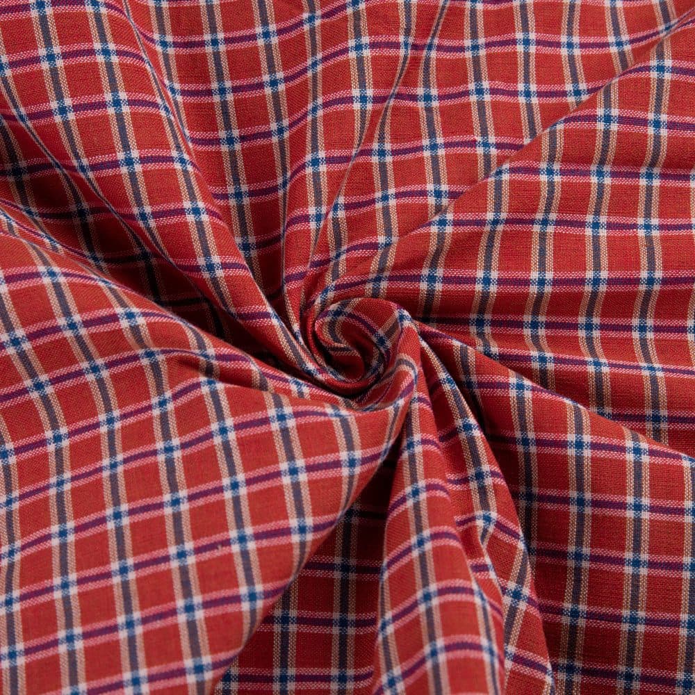 Check Red Blue Pure Cotton 86 GSM Handwoven Fabric