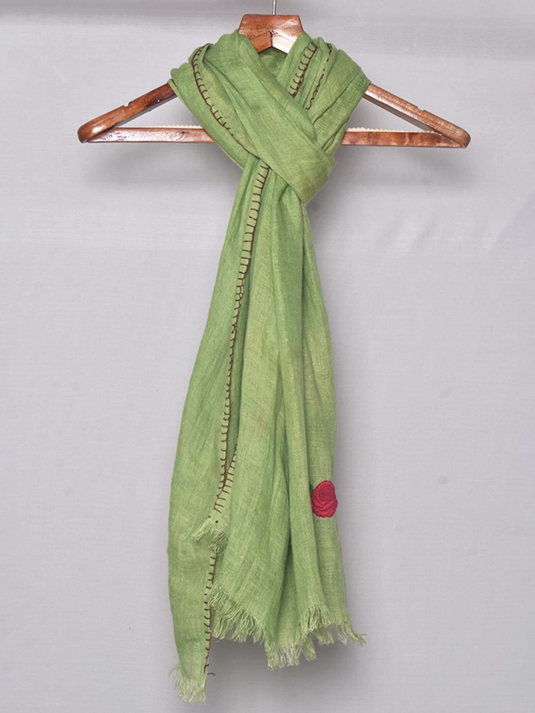 Olive Green Hand Embroidered Linen Scarf