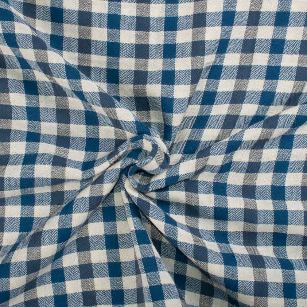 Herringbone Check Blue White and Grey Hemp Cotton 150 GSM Handwoven Fabric