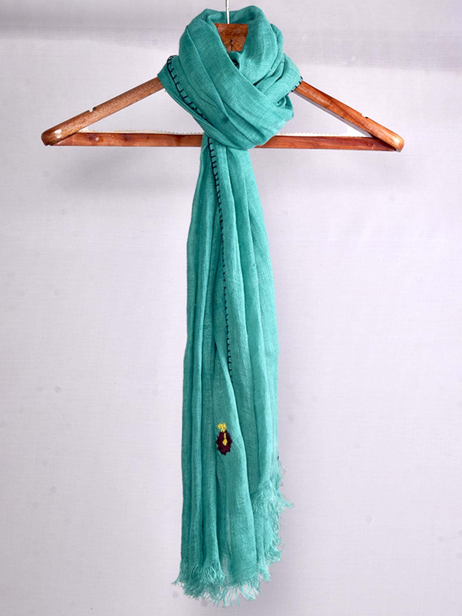 Teal Linen Hand Embroidered Scarf