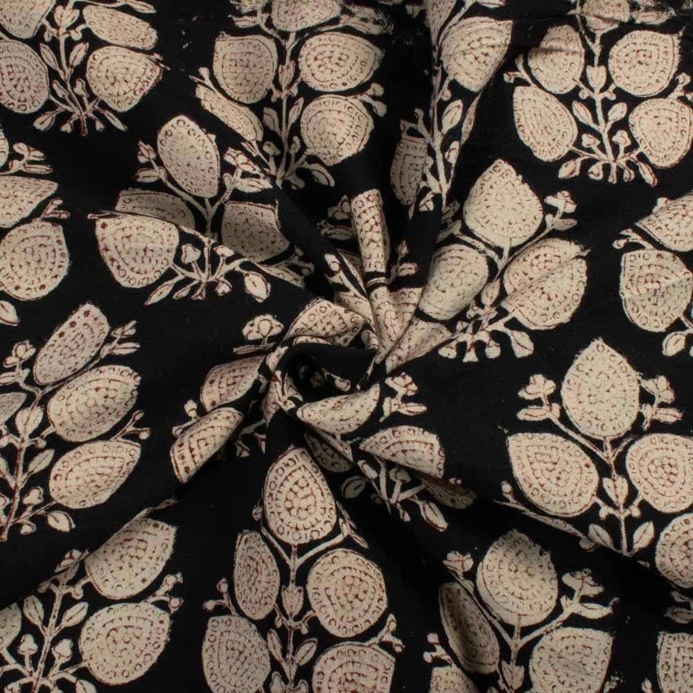 Natural Marigold Cream With Natural Iron Rust & Jaggery  Black Block Print Pure Khadi Natural Dye 128 GSM fabric 