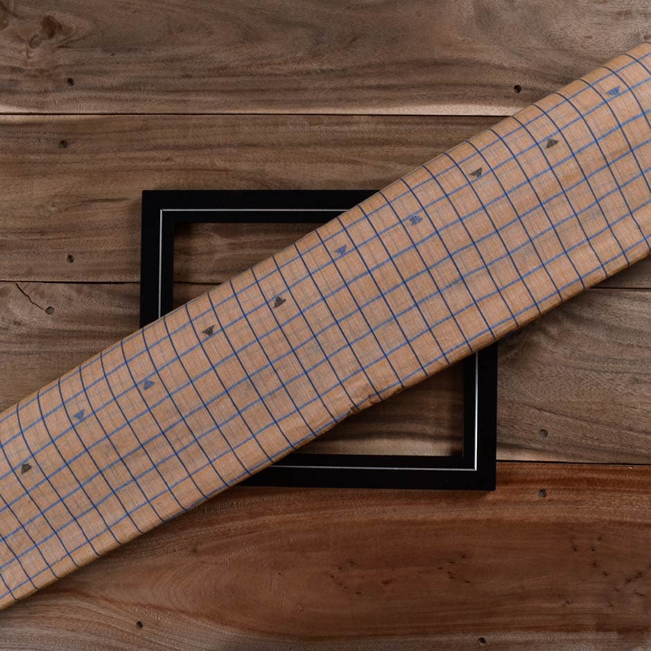 Geometric Check Orange & Blue Jamdani Pure Cotton 54 GSM Handwoven Fabric