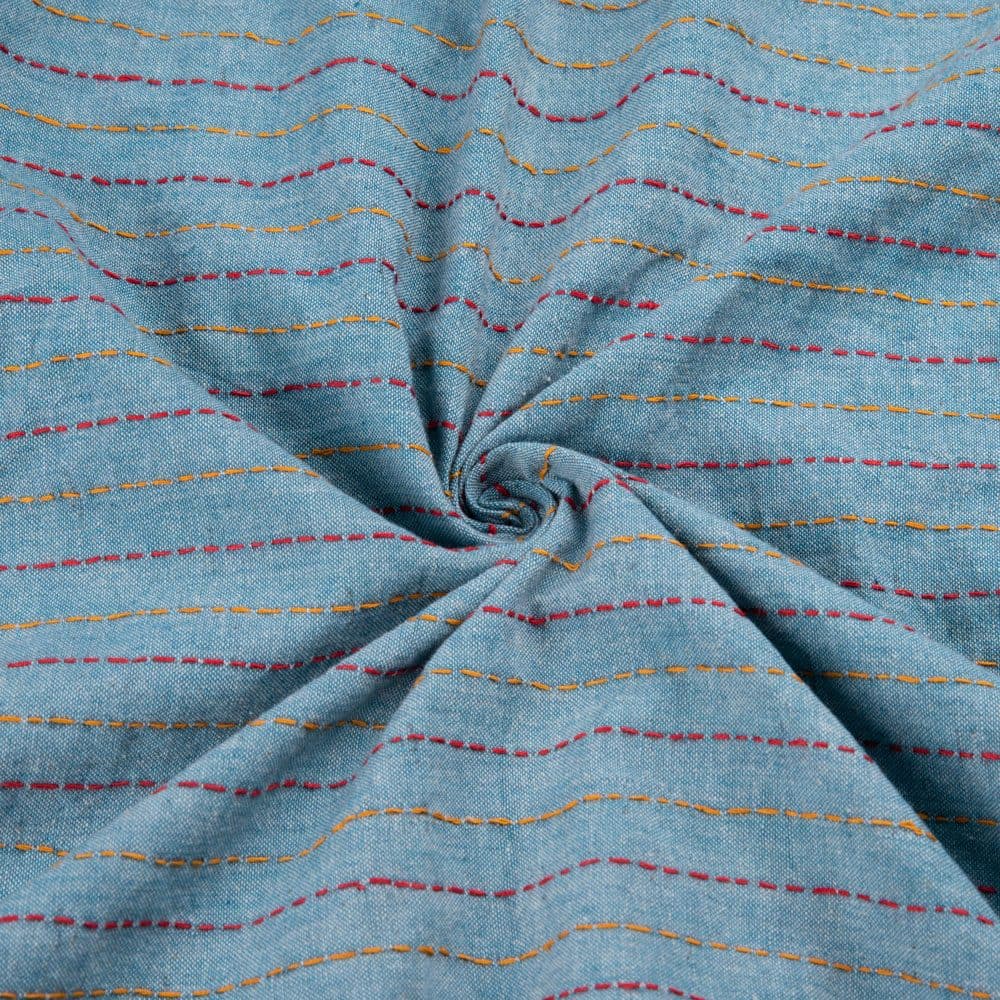 Stripe Blue Kantha Embroidered Khadi Cotton 135 GSM Handwoven Fabric