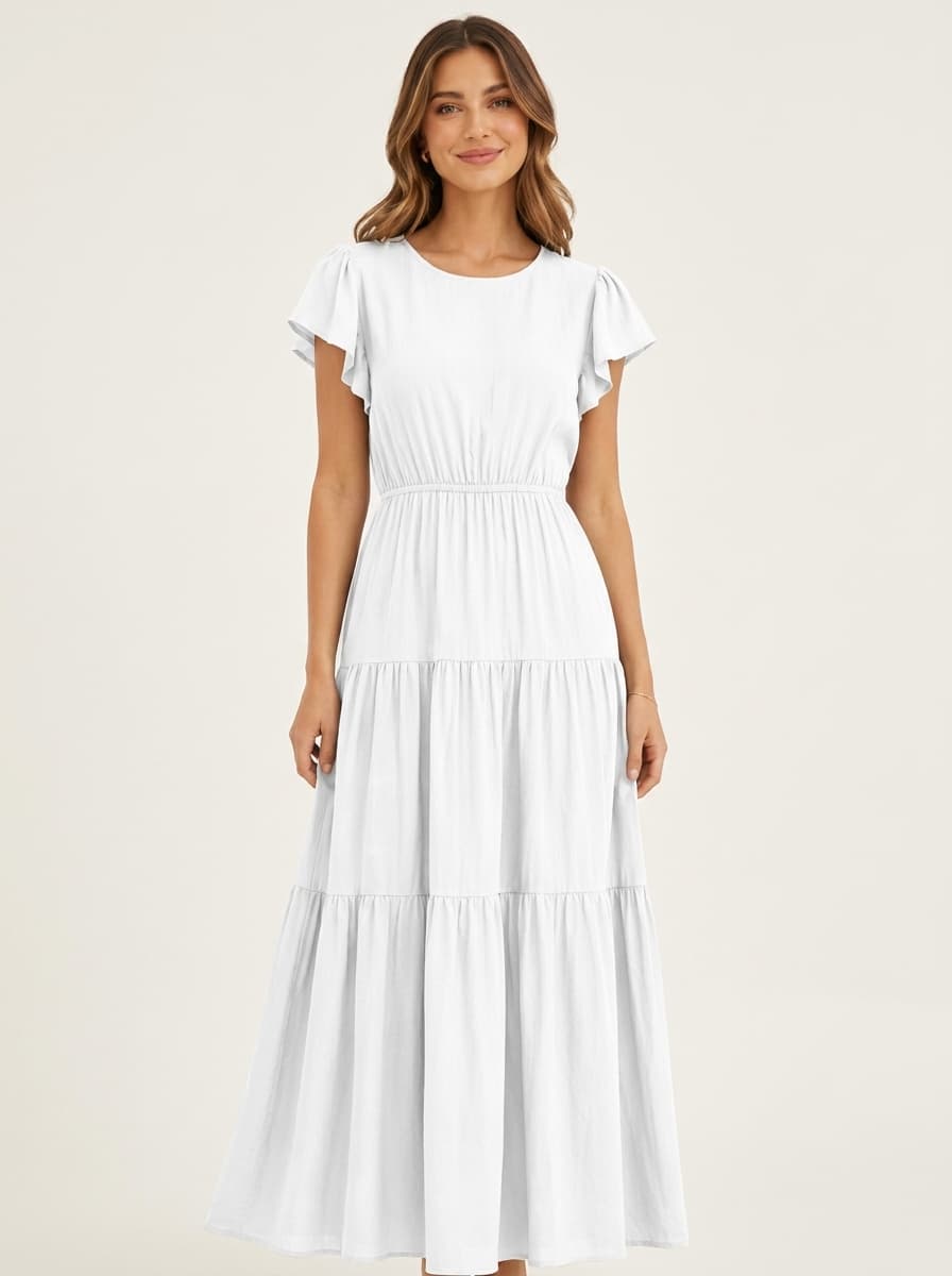Tiered Gathers Long Dress With Flared Sleeves