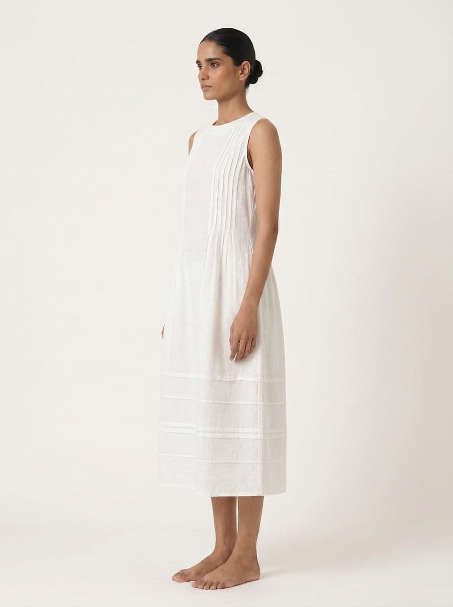 Pleated Bodice Midi Dress With Tucks