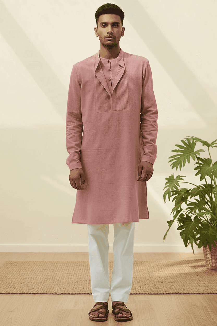 Chambray Pink Khadi Cotton Kurta With Pleated Placket