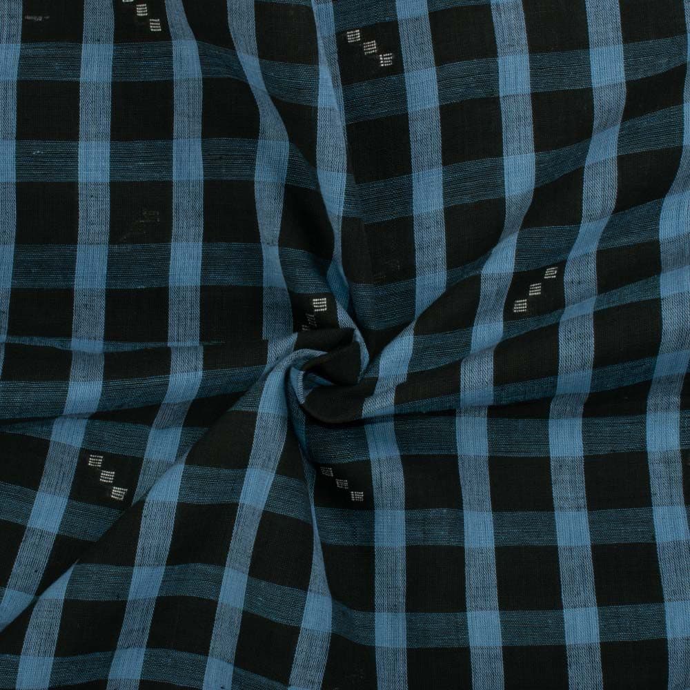Check Black & Blue Jamdani Pure Cotton 100 GSM Handwoven Fabric