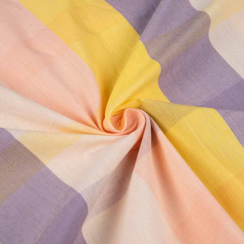 Check Peach Purple & Yellow Cotton 130 GSM Handwoven Fabric 181